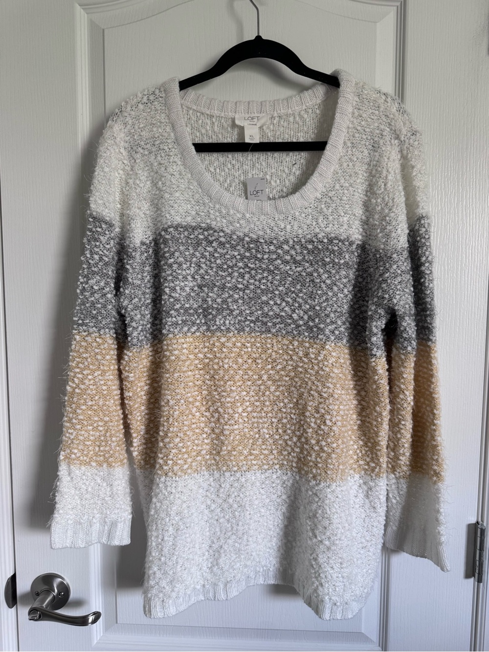 LOFT Striped Bouclé Scoop-Neck Sweater in Cream, Gray & Tan
